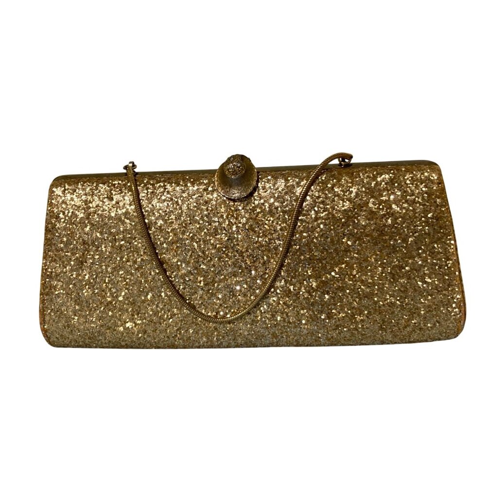 Vintage Glittery Gold Evening Clutch Handbag With Chain Strap Rhinestone Clasp